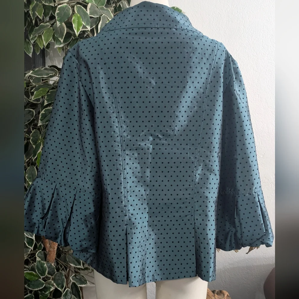 Dressbarn Collection Teal Black Polkadot Pleated Bell Sleeves Womens Blouse Top - Picture 2 of 9